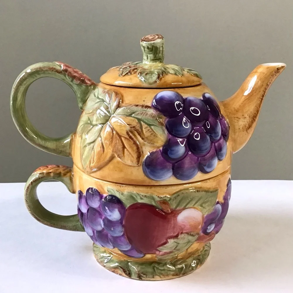 Vintage Gibson Tea For One Stacked Teapot & Cup Set Harvest Pantry Fruit Leaves